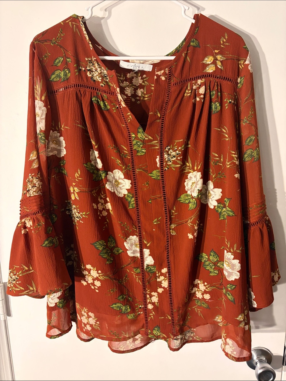 Rust Floral Peasant Blouse - Rust with Cream & Green Floral